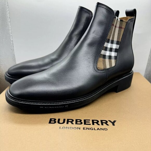 Burberry Check Detail Leather Chelsea Boots Size 43 Made In Italy - Picture 1 of 9